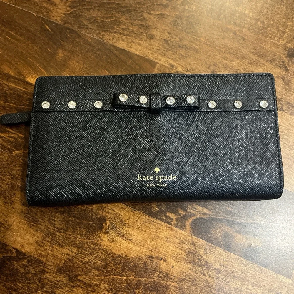 Kate Spade Pebbled Leather Jeweled Clutch Wallet Black Capsule Classic Euro